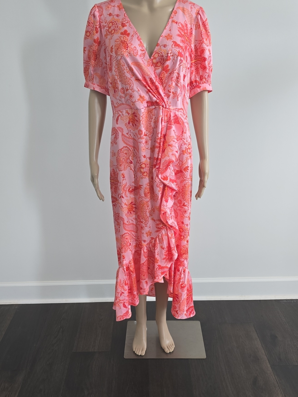 cinq a sept Pink and Coral Floral Wrap Midi Dress